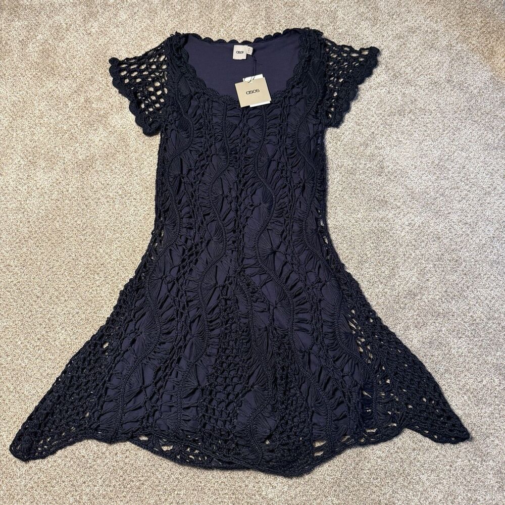 ASOS Navy Blue Crochet Open Knit Mini Dress Short Sleeve Size 4 Whimsigoth Boho